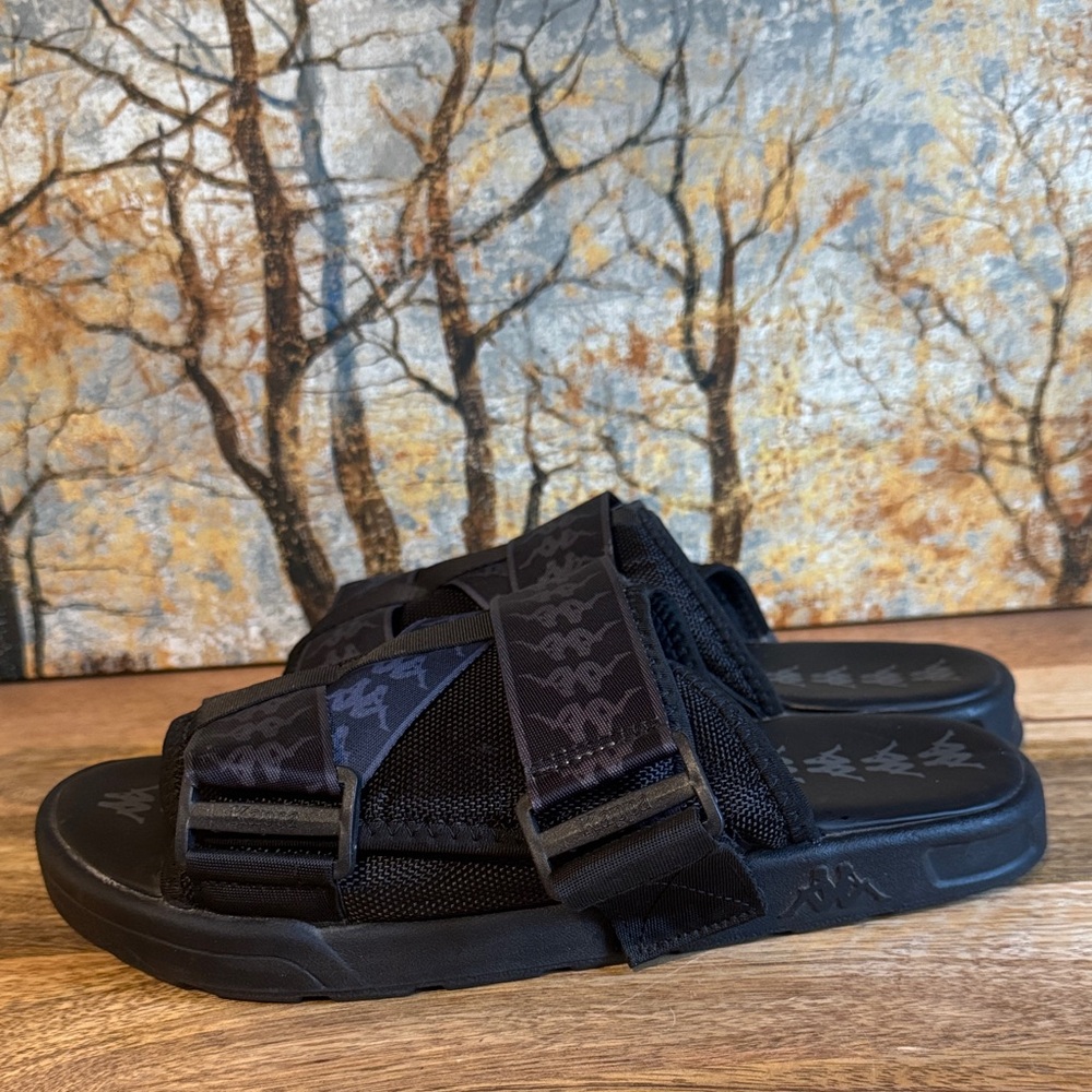 NWOB Kappa 222 Banda Mitel 1 Black Grey Logo Strap slide Sandals M=10  W=11.5-12 - Picture 2 of 8